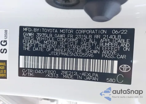 2022 Toyota Corolla Le from USA, damaged, VIN JTDEPMAE5N3025596